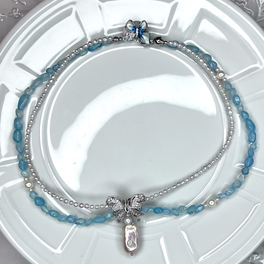 🦋🦋 Handmade Freshwater Pearl Aquamarine Double Strand Princess 👸🏻 Style Necklace